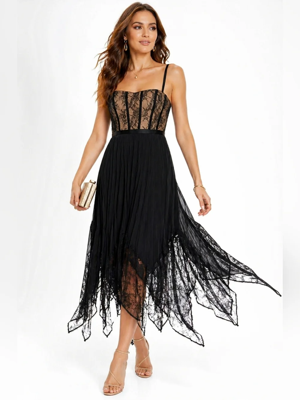 Black Lace-Trim Midi Dress with Handkerchief Hem - Picture 11 of 14